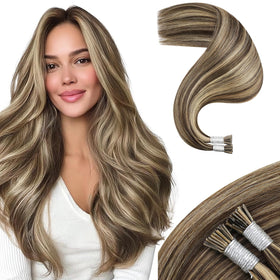 Moresoo I Tip Hair Extensions 16 Inch Brown Caramel Highlight front view