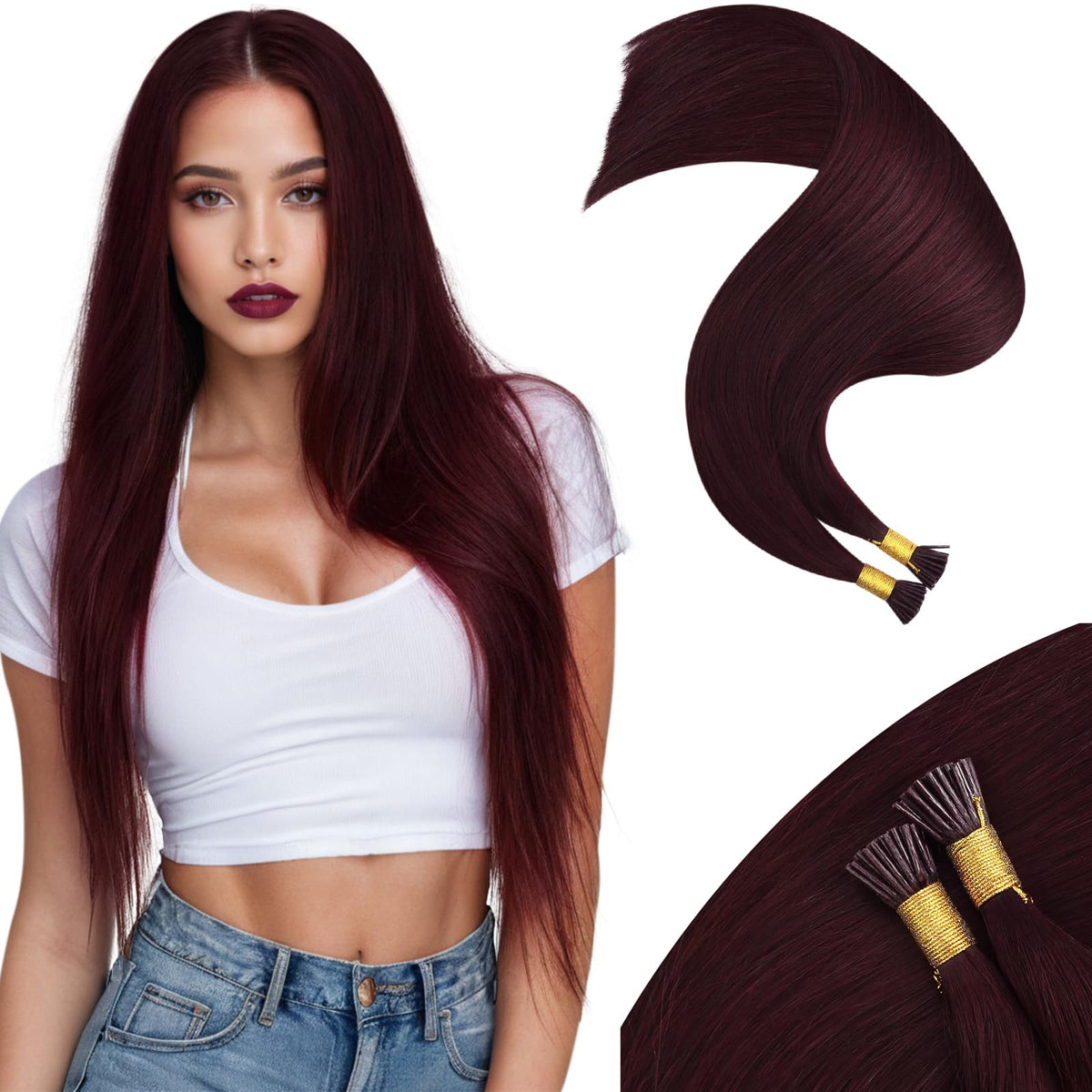 Moresoo I Tip Hair Extensions 18 Inch Wine Red front view