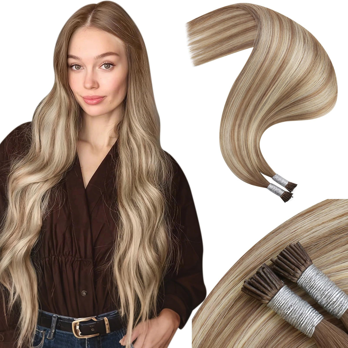 Moresoo I Tip Hair Extensions 24 Inch Light Brown Light Blonde front view