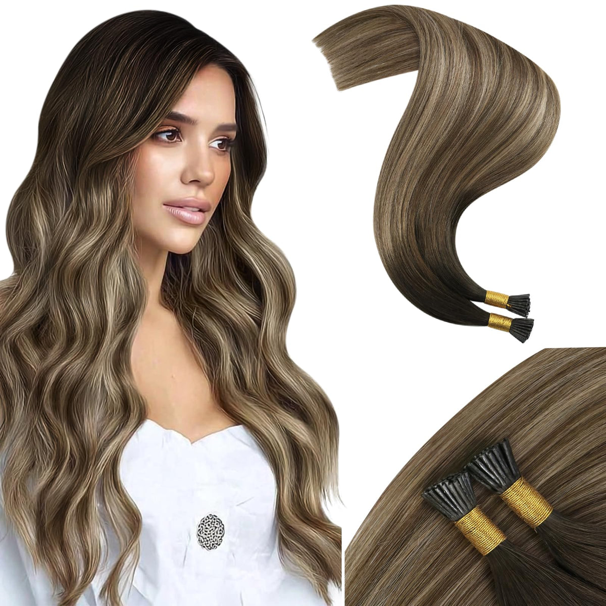 Moresoo I-Tip Hair Extensions Ash Brown Bleach Blonde front view