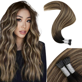Moresoo I Tip Hair Extensions Black Caramel Blonde Balayage front view