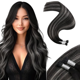 Moresoo I Tip Hair Extensions Black Silver Balayage front view