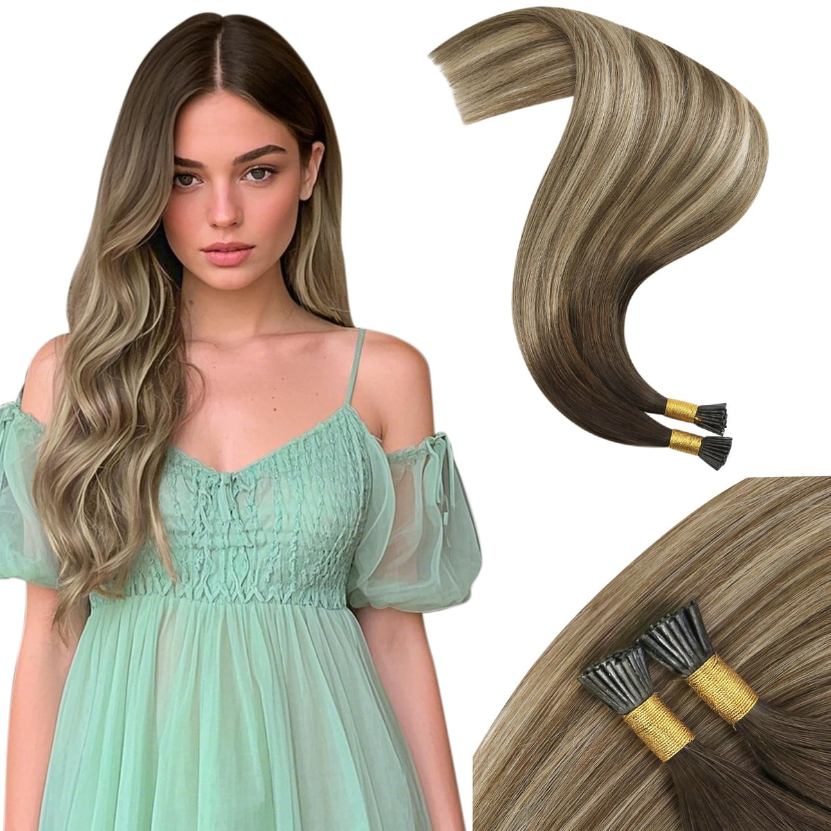 Moresoo I Tip Hair Extensions Brown Ash Blonde Mix front view