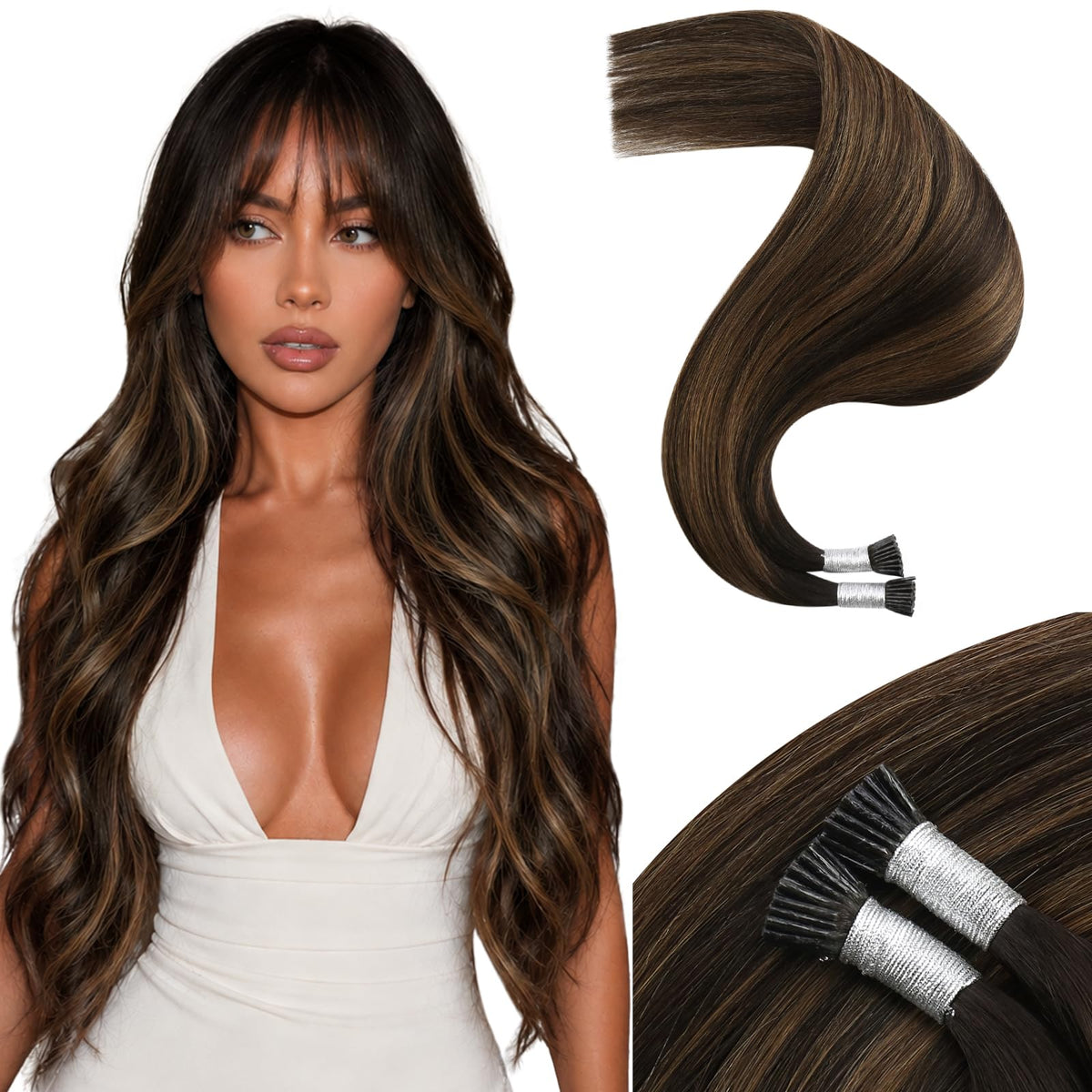 Moresoo I Tip Hair Extensions dark brown 22 inch front view