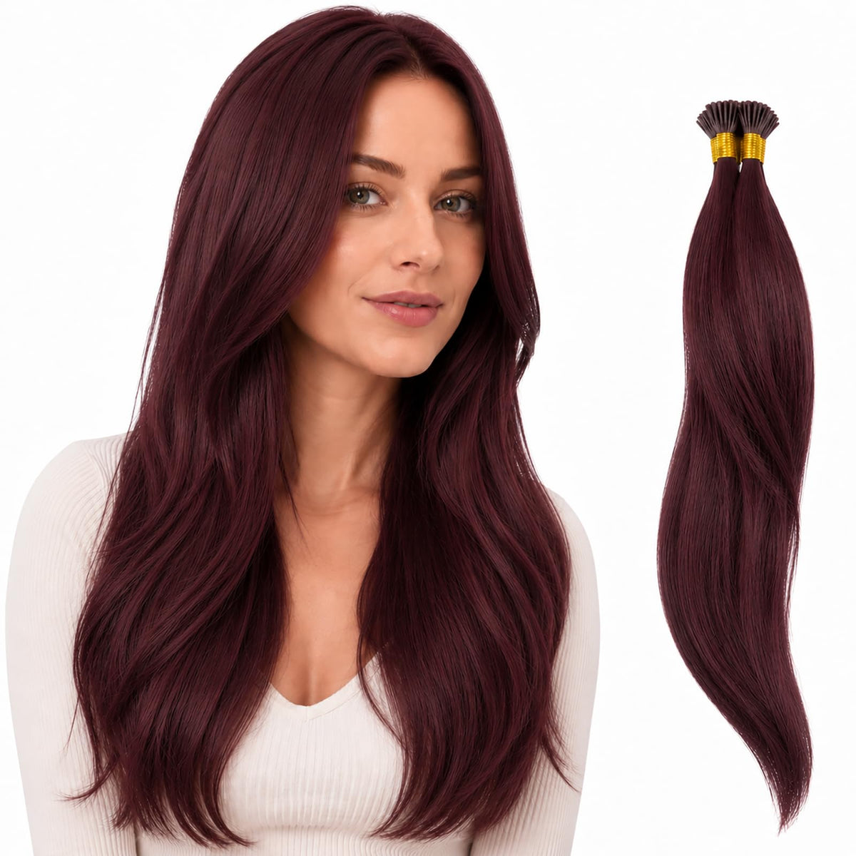 Moresoo I Tip Hair Extensions Dark Red 14 Inch front view