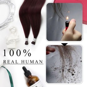 Moresoo I Tip Hair Extensions dark red in a ponytail
