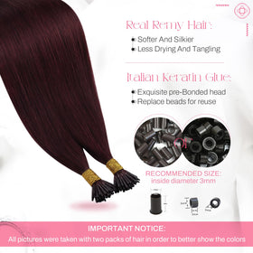 Moresoo I Tip Hair Extensions dark red in packaging