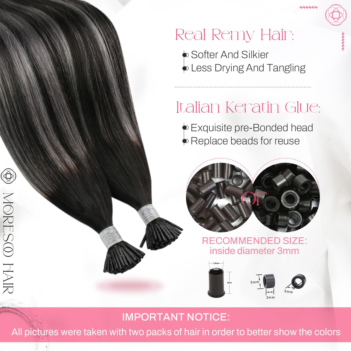 Moresoo I Tip Hair Extensions displayed in packaging