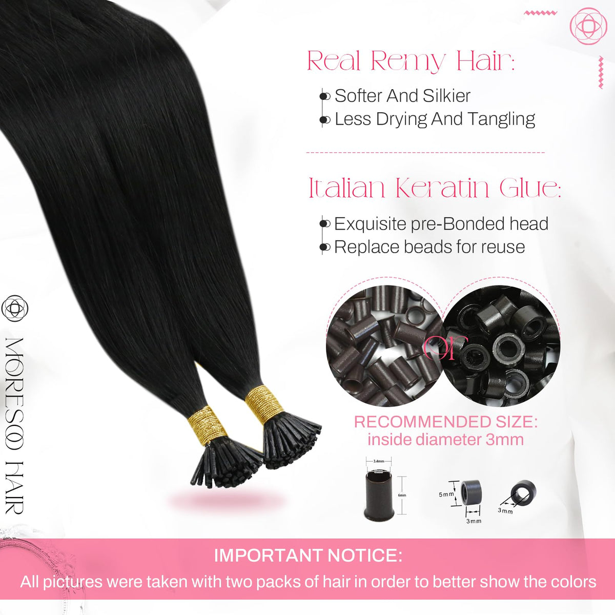 Moresoo I Tip Hair Extensions displayed with styling tools