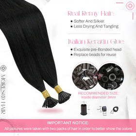 Moresoo I Tip Hair Extensions displayed with styling tools
