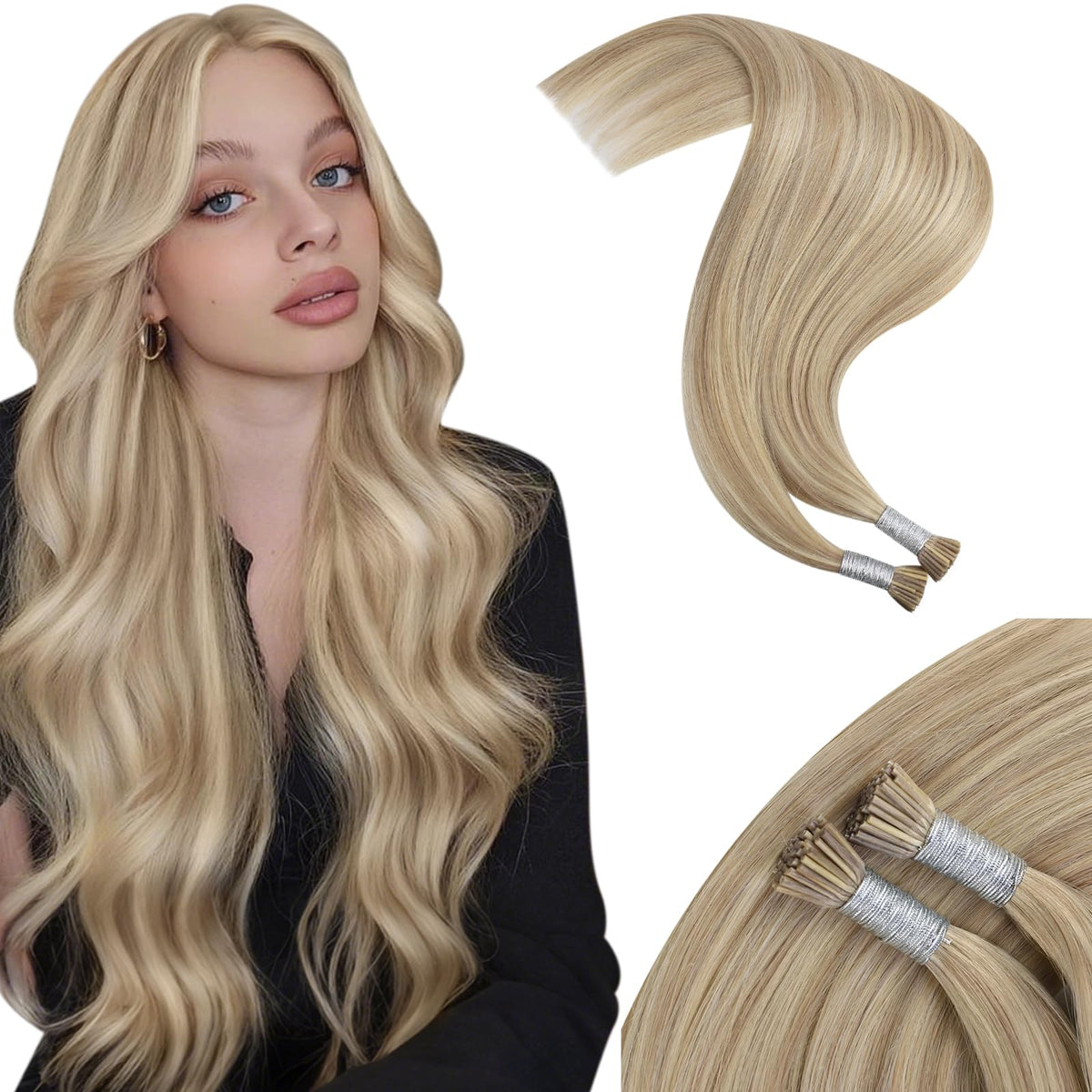 Moresoo I Tip Hair Extensions Golden Ash Blonde 18 Inch front view