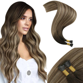 Moresoo I Tip Hair Extensions Golden Brown Blonde Ombre front view