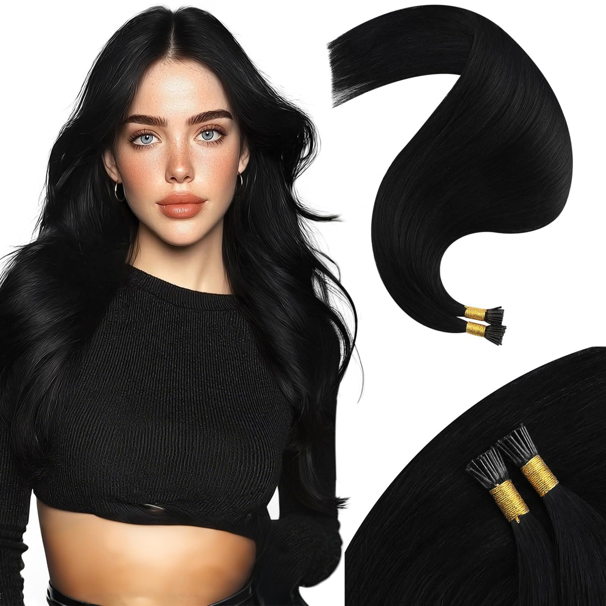 Moresoo I Tip Hair Extensions jet black 16 inch front view