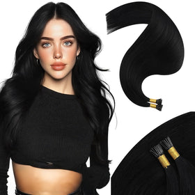 Moresoo I Tip Hair Extensions jet black 18 inch pack front view
