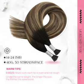 Moresoo I Tip Hair Extensions packaging with 50 strands