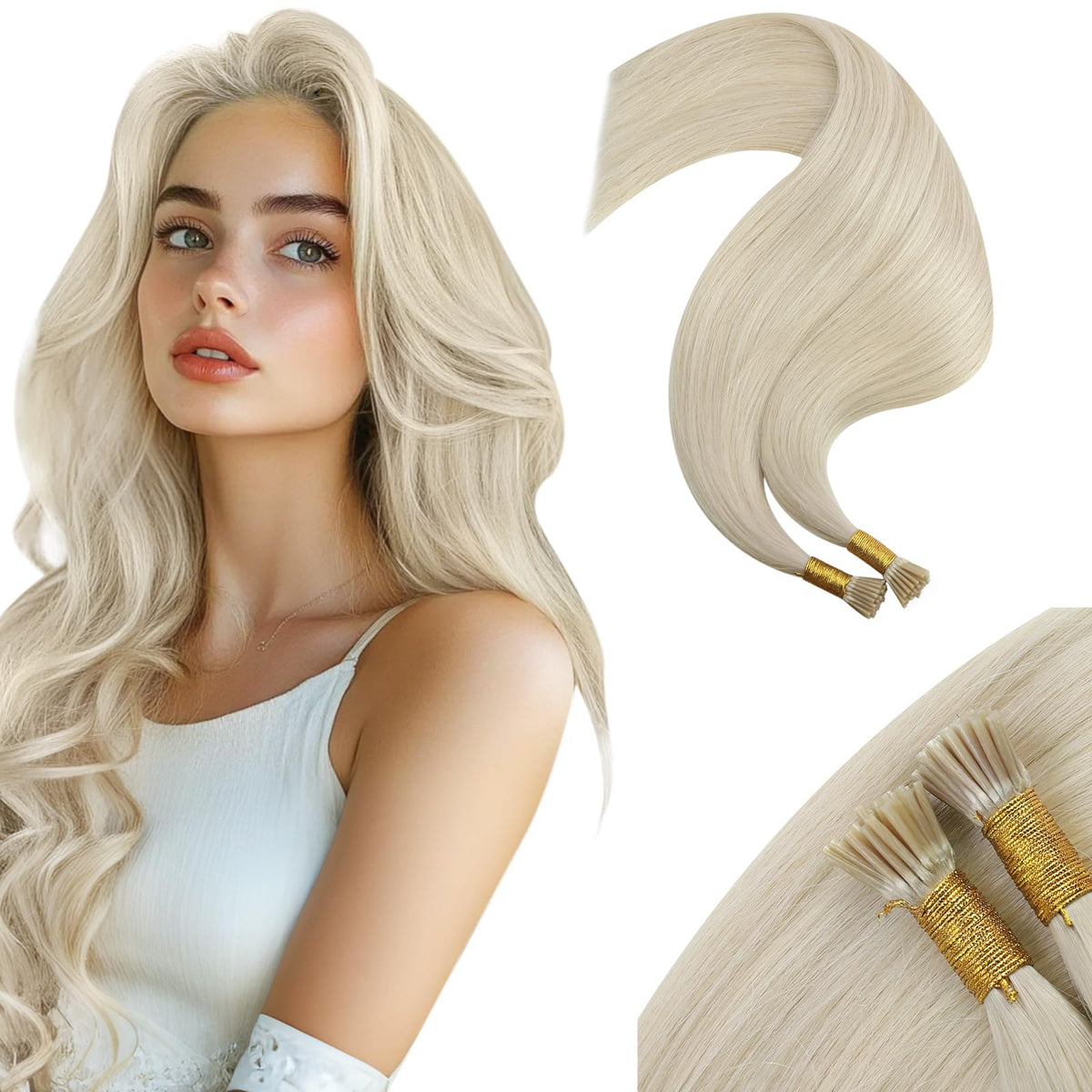 Moresoo I Tip Hair Extensions Platinum Blonde front view
