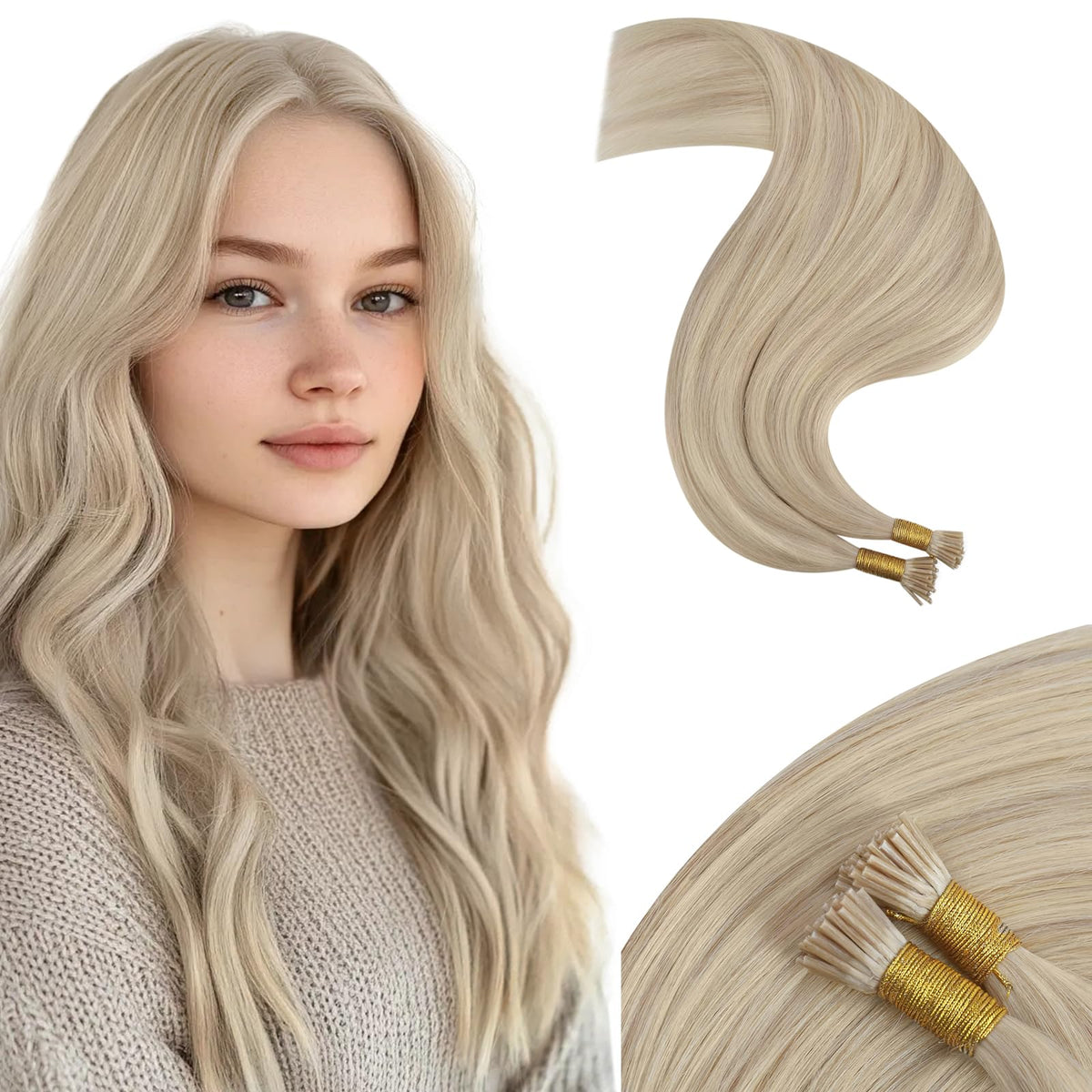 Moresoo I Tip Human Hair Extensions 22 Inch Ash Blonde front view
