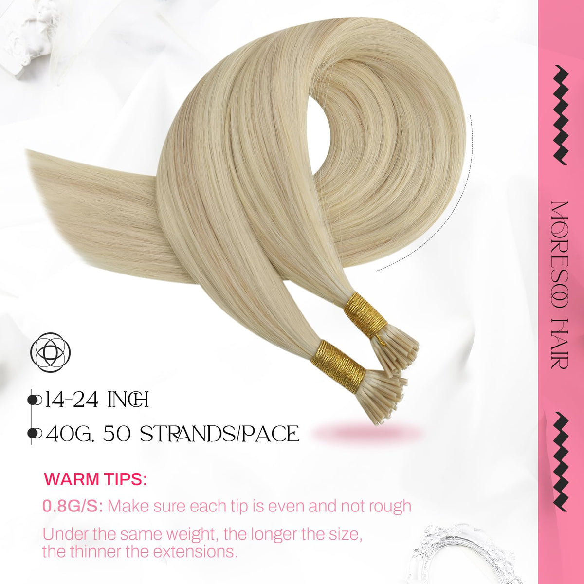 Moresoo I Tip Human Hair Extensions Ash Blonde 18 Inch packaging