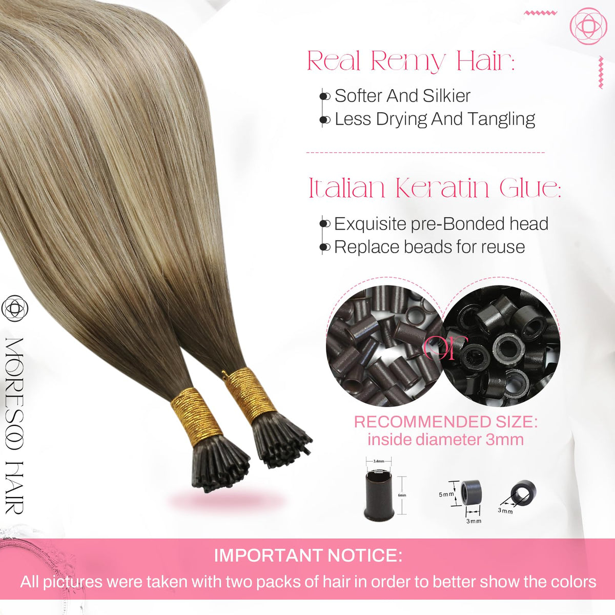 Moresoo I Tip Human Hair Extensions close-up of keratin tips