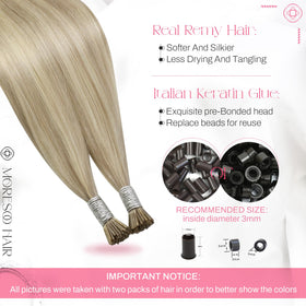 Moresoo I Tip Human Hair Extensions displayed in packaging