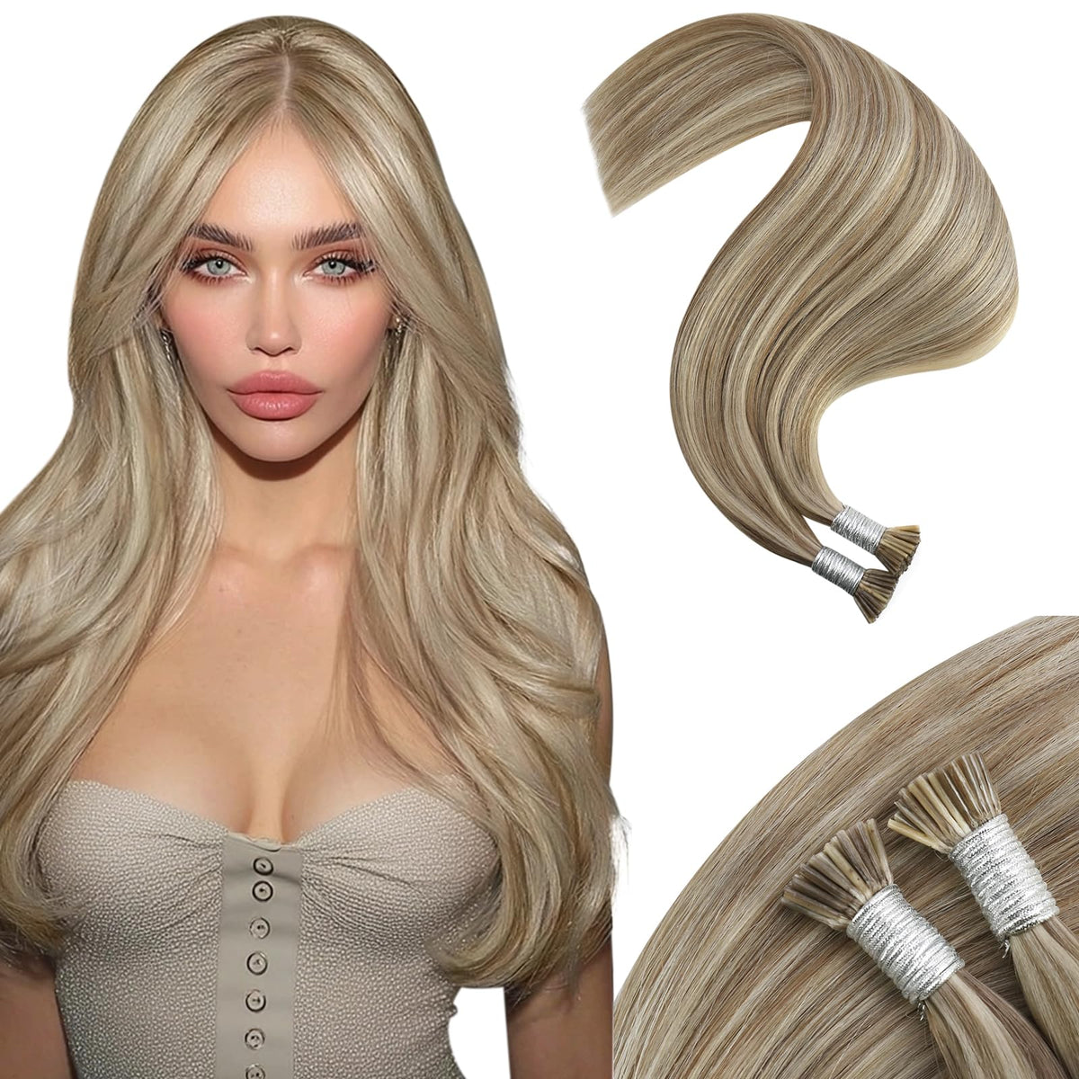 Moresoo I Tip Human Hair Extensions light brown platinum blonde front view