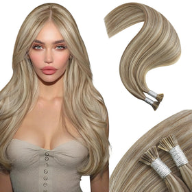 Moresoo I Tip Human Hair Extensions light brown platinum blonde front view