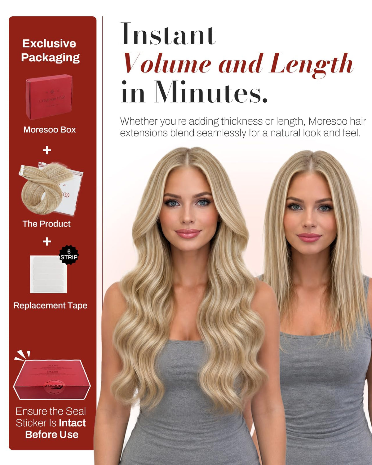 Moresoo Invisible Tape Extensions showing colour blend