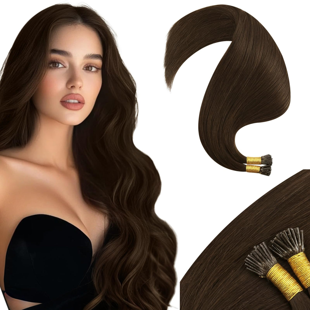 Moresoo Itip Human Hair Extensions medium brown 24 inch front view