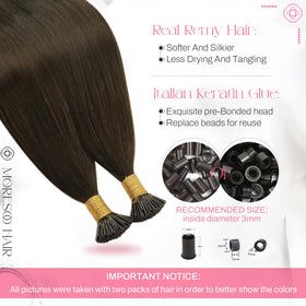 Moresoo Itip Human Hair Extensions Medium Brown close-up of keratin tips