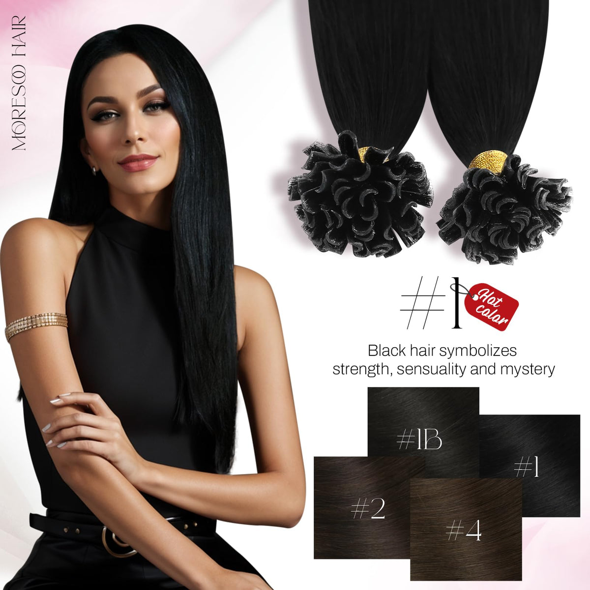 Moresoo K Tip Hair Extensions 20 Inch Jet Black back view