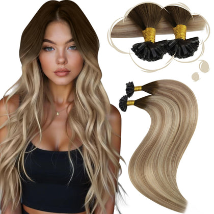 Moresoo K Tip Hair Extensions 22 Inch Ash Brown Gold Blonde front view