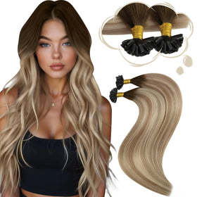 Moresoo K Tip Hair Extensions Ash Brown Blonde Balayage front view