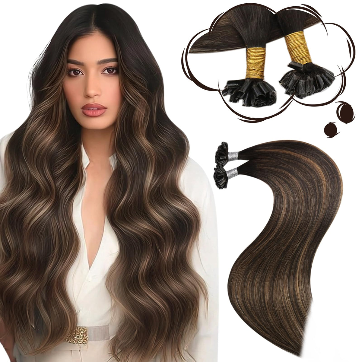 Moresoo K Tip Hair Extensions Brown Chestnut Balayage front view