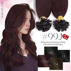 Moresoo K Tip Hair Extensions in Wine Red on a model