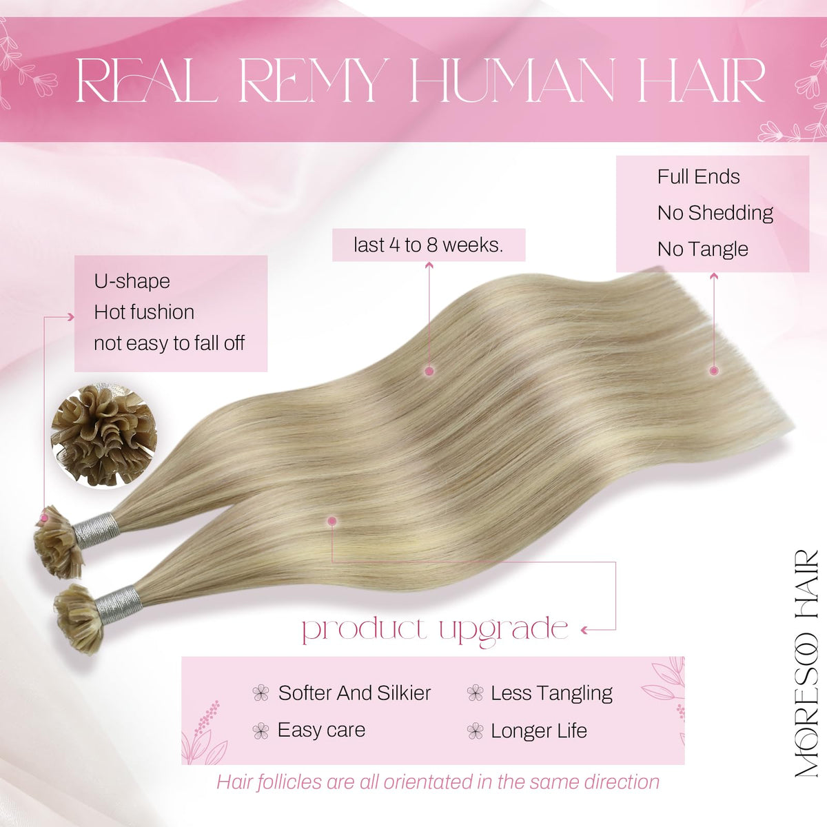 Moresoo K Tip Hair Extensions packaging with 50 strands