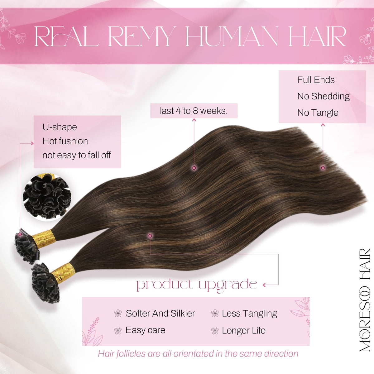 Moresoo K Tip Hair Extensions strands showing keratin tips