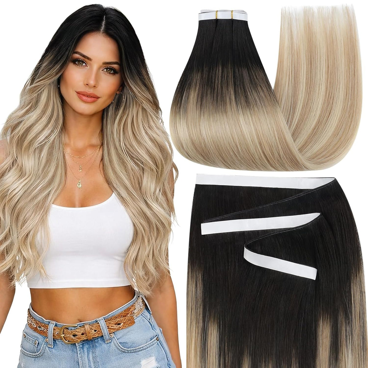 Moresoo Long Weft Tape in Hair Extensions 18 Inch front view