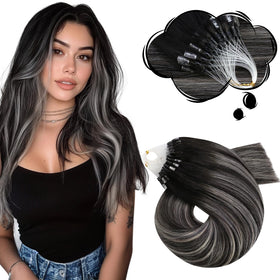 Moresoo Micro Bead Hair Extensions 14 Inch Black Silver front view