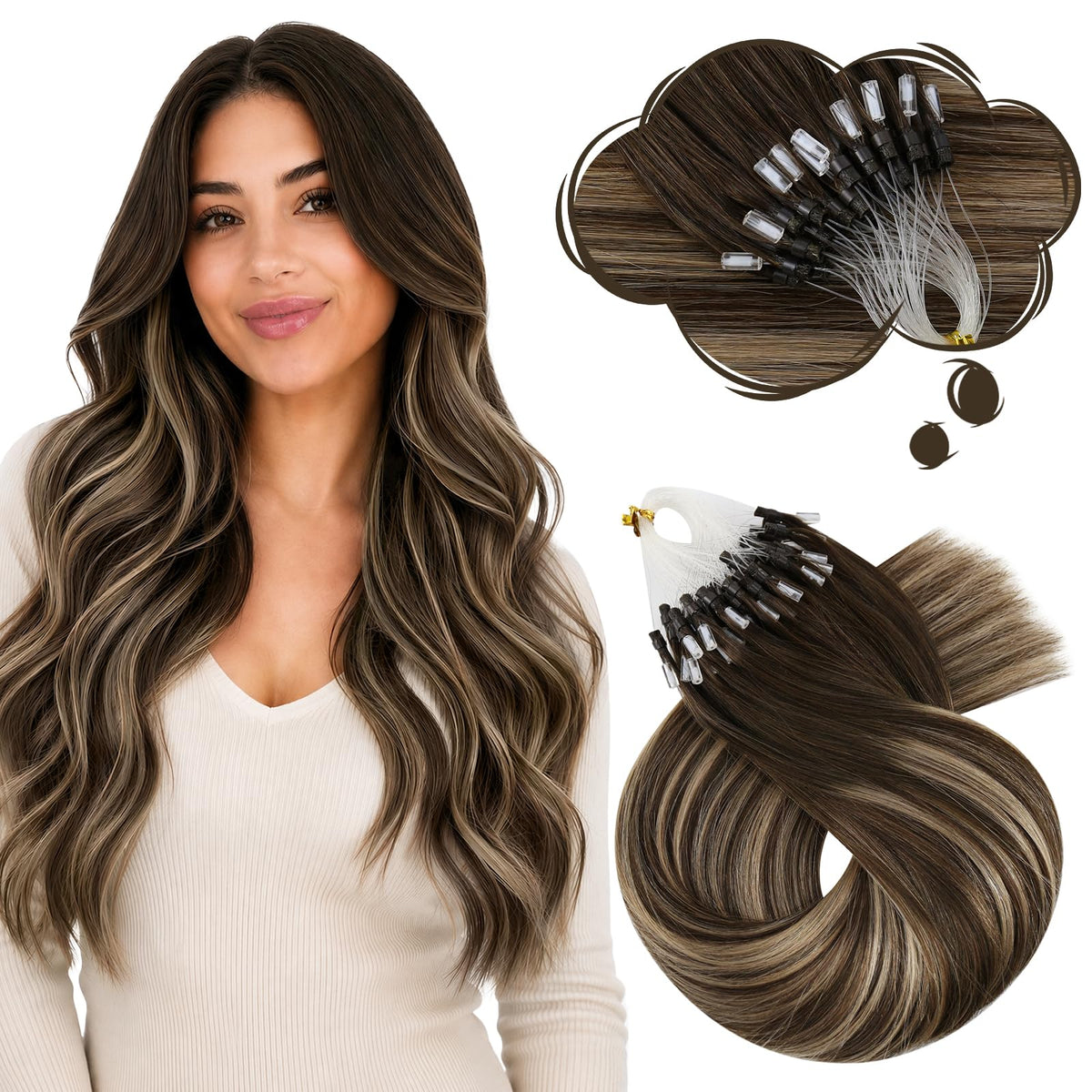 Moresoo Micro Bead Hair Extensions 24 Inch Brown Blonde front view