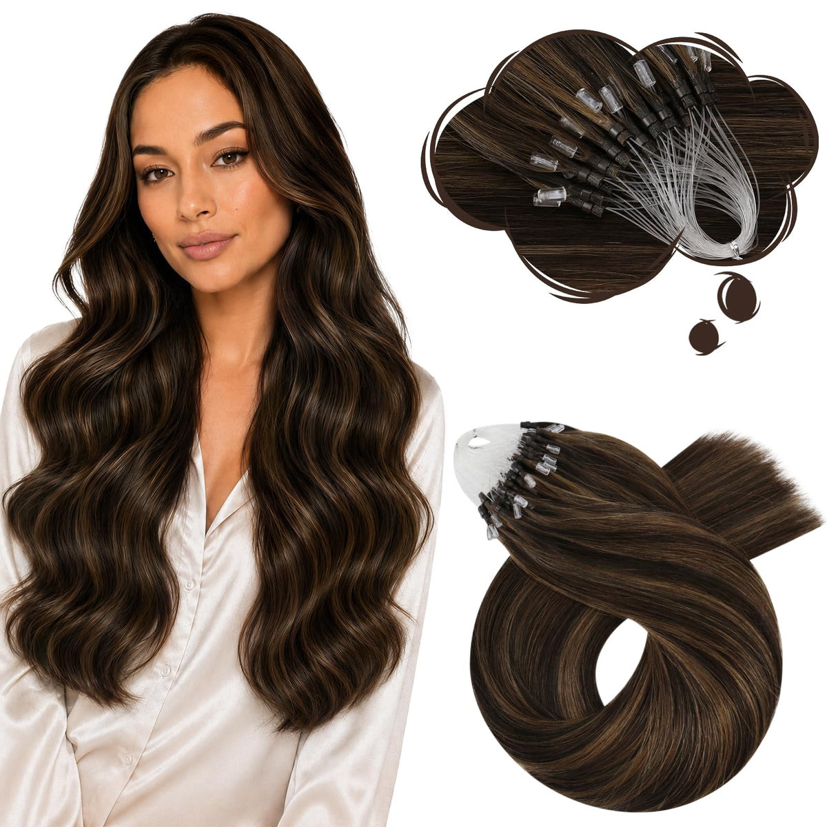 Moresoo Micro Bead Hair Extensions 24 Inch Dark Brown front view