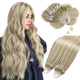 Moresoo Micro Bead Hair Extensions Ash Blonde Highlight front view