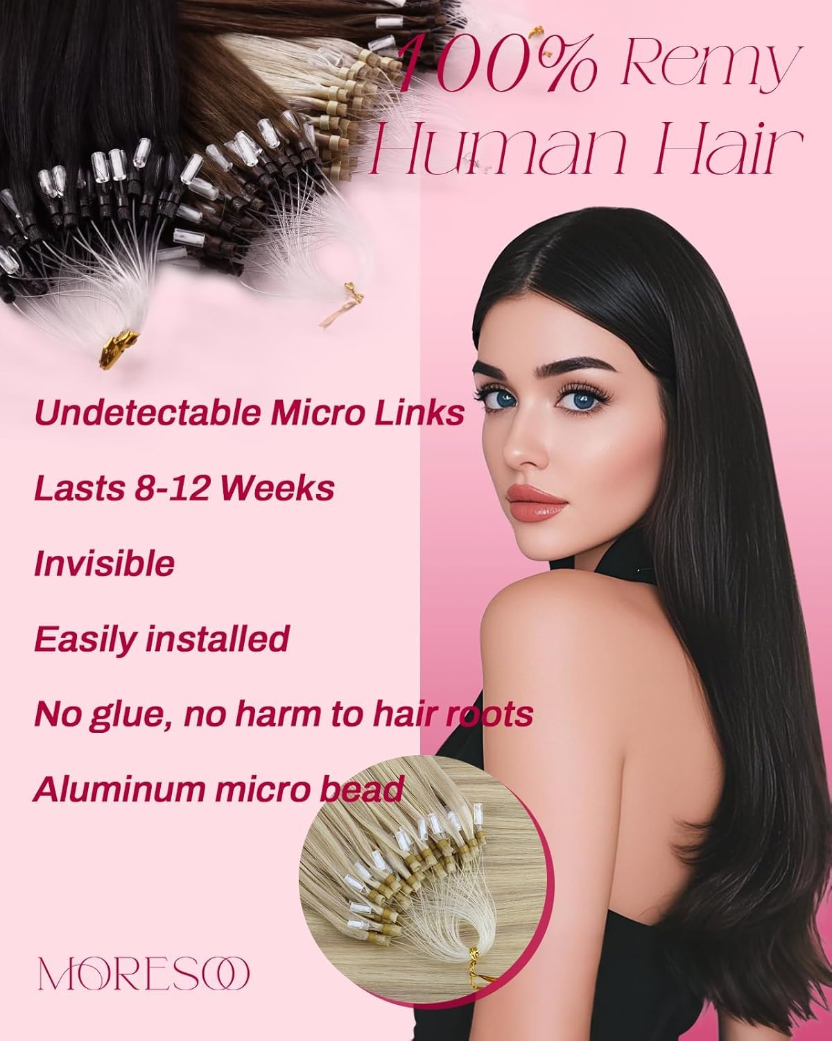 Moresoo Micro Bead Hair Extensions Ash Blonde Highlight packaging