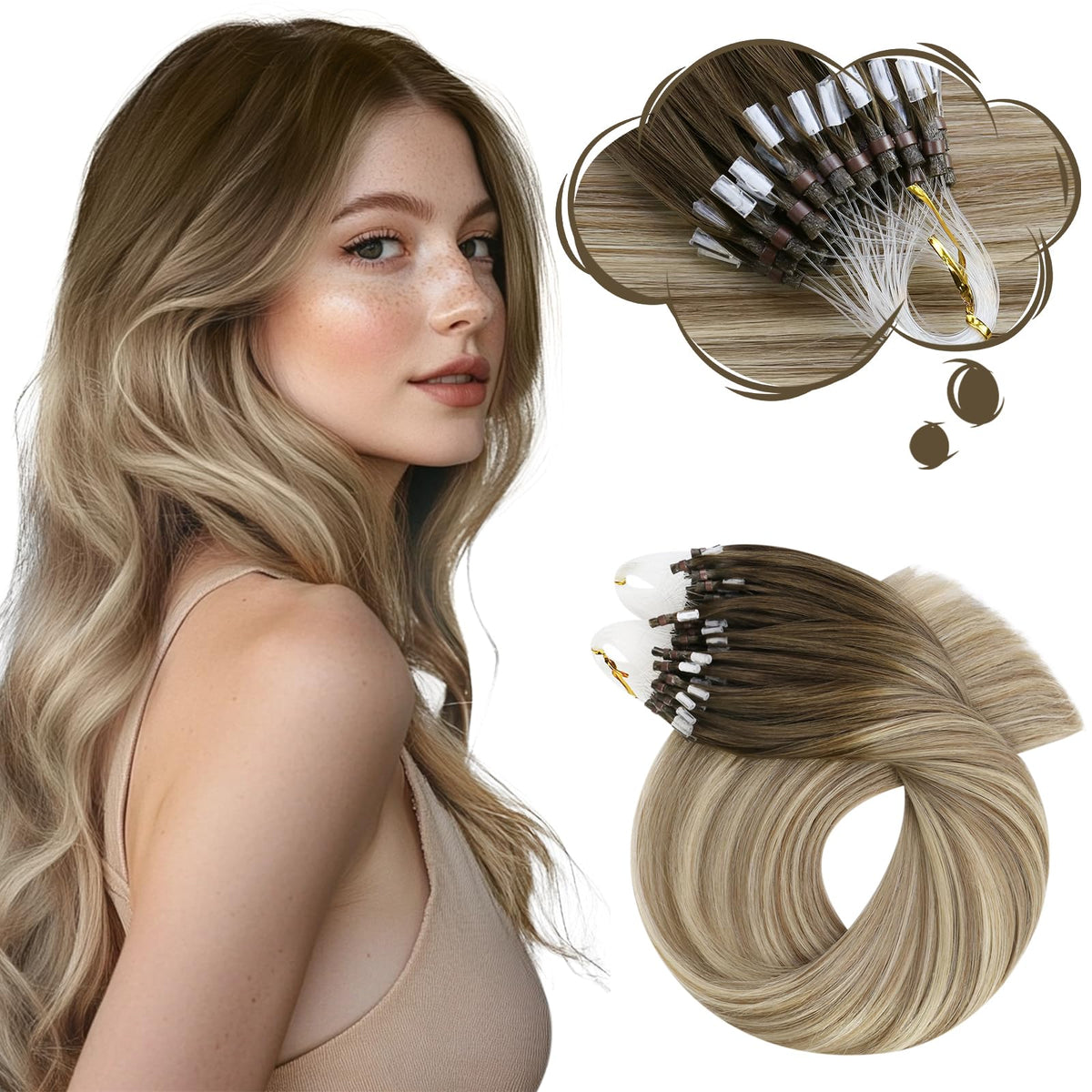 Moresoo Micro Bead Hair Extensions brown dirty blonde front view