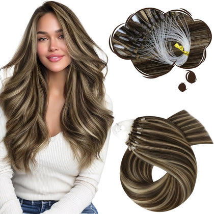 Moresoo Micro Bead Hair Extensions Caramel Brown Highlight front view