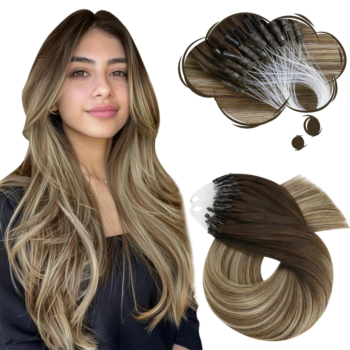 Moresoo Micro Bead Hair Extensions in Brown Bleach Blonde front view