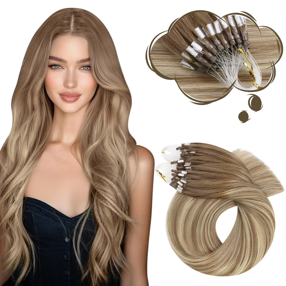 Moresoo Micro Bead Hair Extensions in Brown Blonde Ombre front view