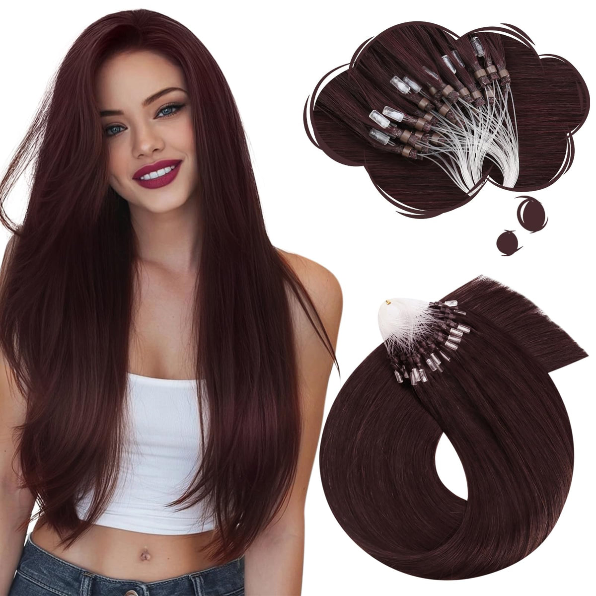 Moresoo Micro Bead Hair Extensions Wine Red 22 Inch front view