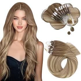 Moresoo Micro Link Hair Extensions 14 Inch Brown Blonde Melt front view
