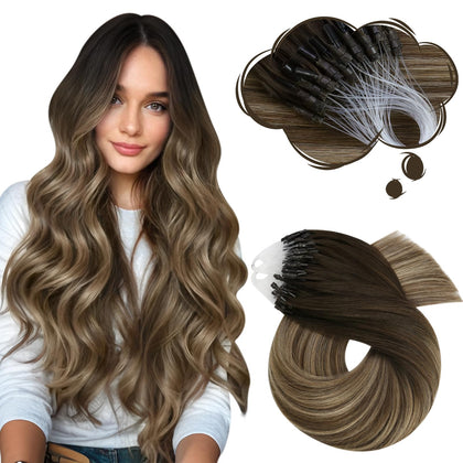 Moresoo Micro Link Hair Extensions 22 Inch Brown Golden Blonde front view