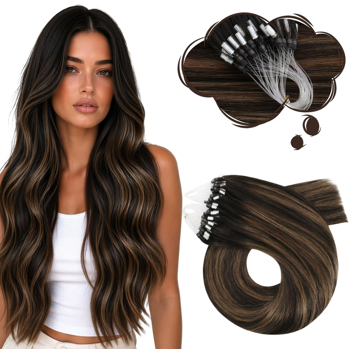 Moresoo Micro Link Hair Extensions Dark Brown to Chestnut Brown front view